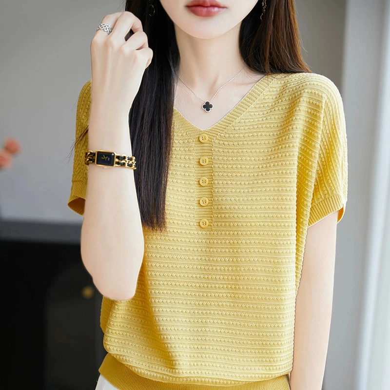 时尚女装品牌夏季新款V领短袖T恤女针织衫时尚气质宽松显瘦上衣