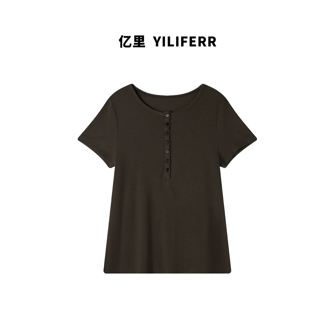 【YILI大码品牌】夏季百搭排扣显瘦休闲时尚圆领纯色上衣Y0733