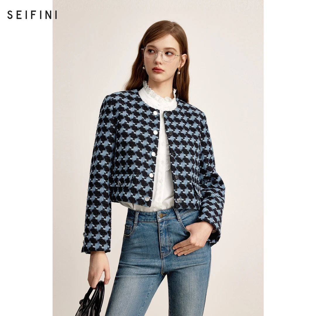 【正正同款】诗凡黎撞色圆领小香风外套冬新款休闲3FA612121