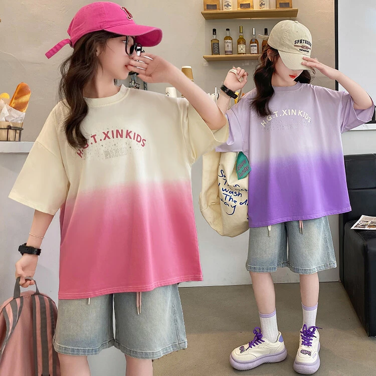 女童短袖套装韩版女童夏装套装儿童短袖中大童儿童洋气时尚牛仔裤