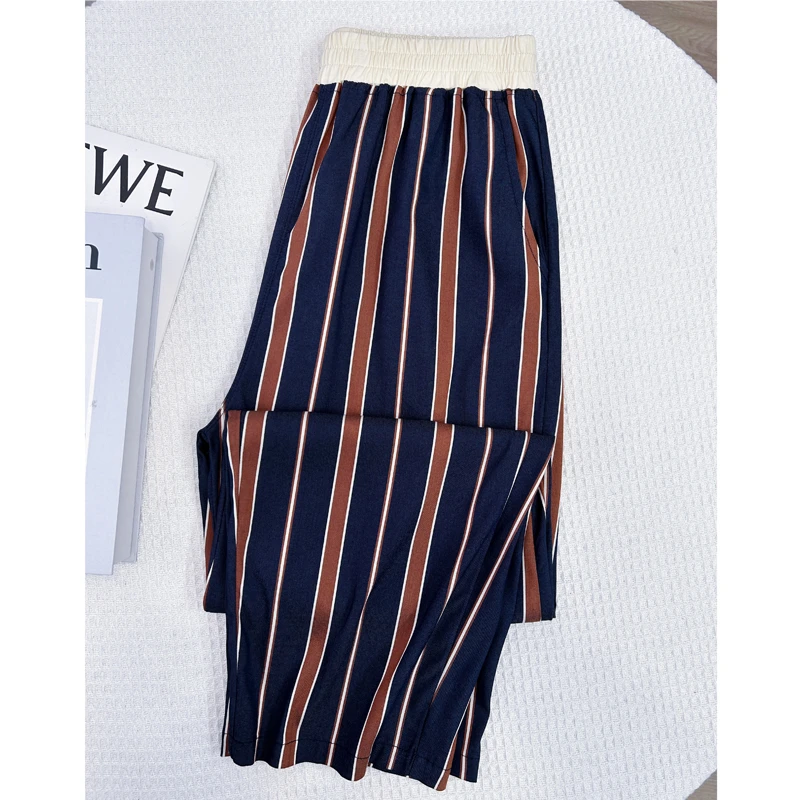 【薄款牛仔】简约竖条提花牛仔裤撞色中腰九分直筒裤宽松大码女裤