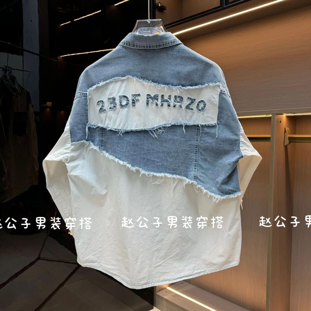 设计感牛仔拼接个性衬衫春季新款欧版宽松显瘦衬衣时尚上衣