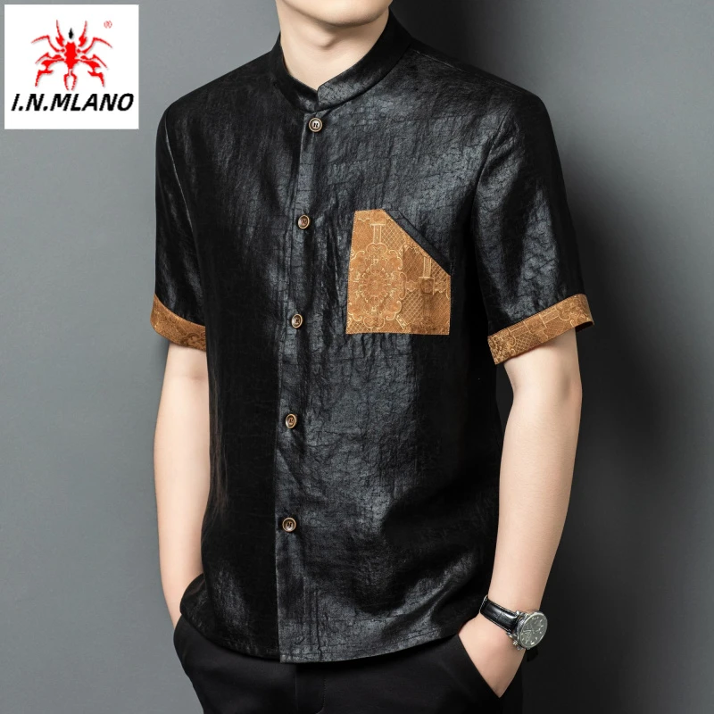 100%桑蚕丝高端轻奢龟纹香云纱唐装男士短袖新中式真丝潮流衬衫男