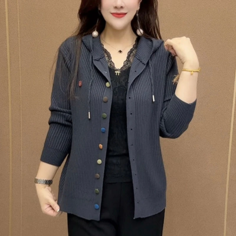 高档上档次针织毛衣外套女秋冬季中老年女装休闲百搭减龄连帽小衫