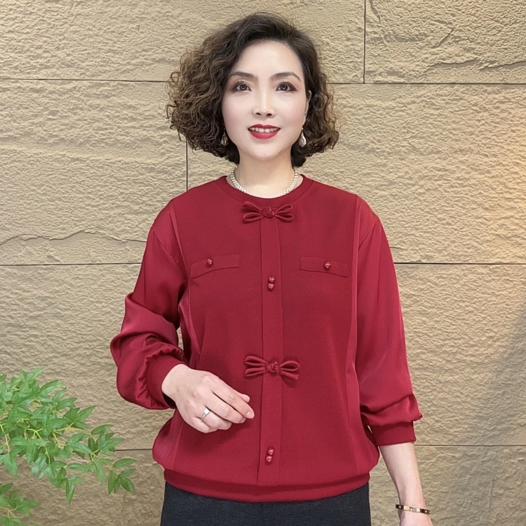 2024中老年妈妈装春秋时尚气质百搭洋气减龄纯色长袖盘扣女士小衫