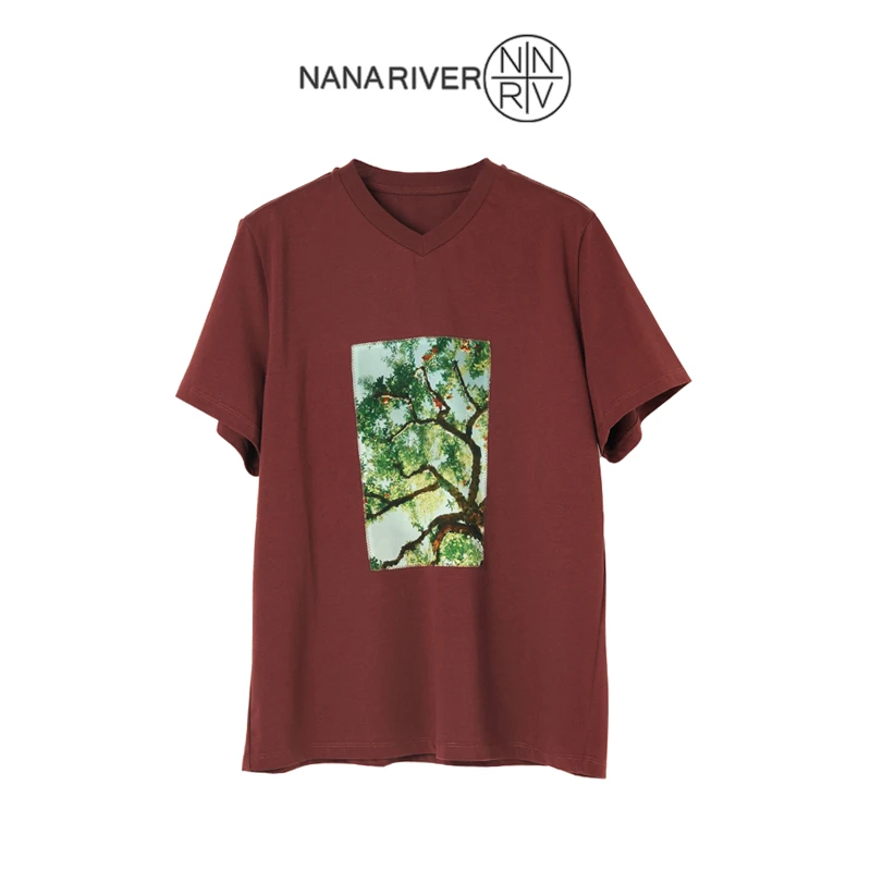 【松梨茶语】小众夏季时尚鸡心领上衣短袖极简风百搭宽松T恤