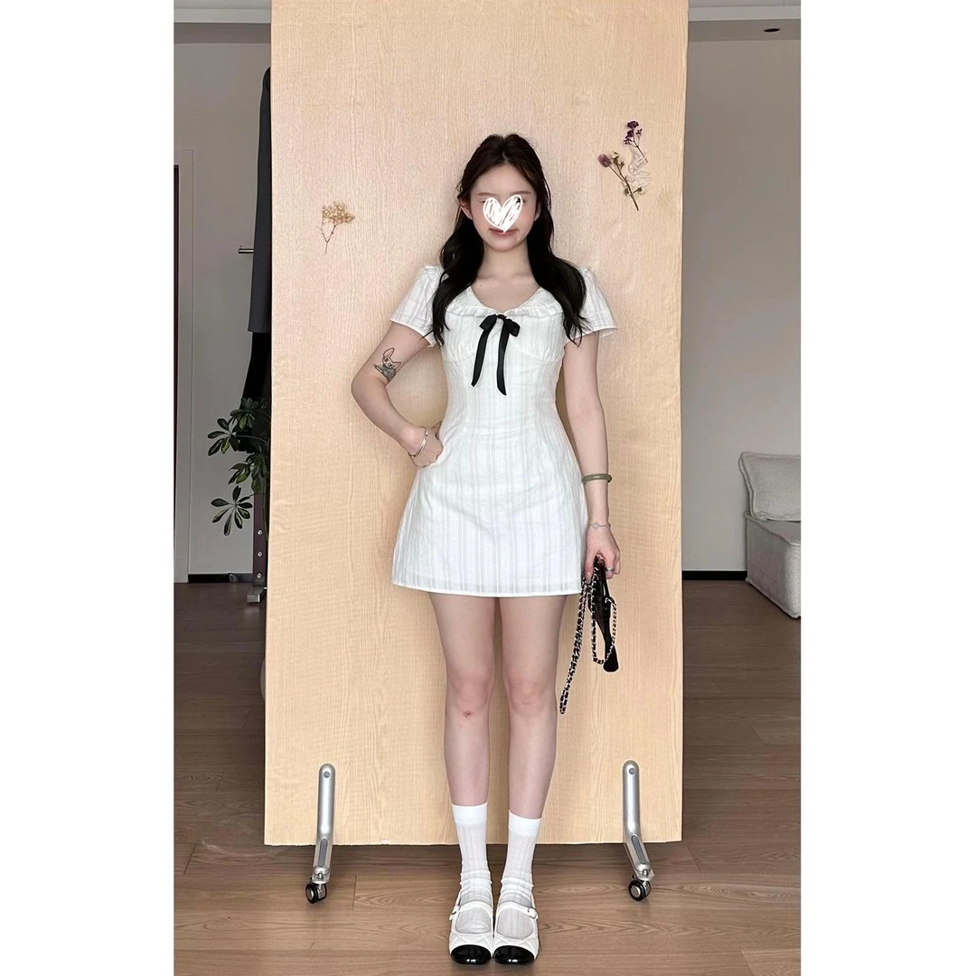 【追梦少女】法式夏季气质蝴蝶结温柔白月光收腰显瘦连衣裙女21128
