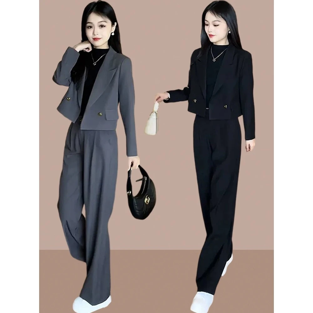 高端欧货时尚职业西装套装女早秋季大码遮肉显瘦上衣阔腿裤两件套