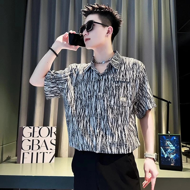 夏季新款设计感印花衬衫男士短袖潮牌男装高级感痞帅条纹薄款衬衣