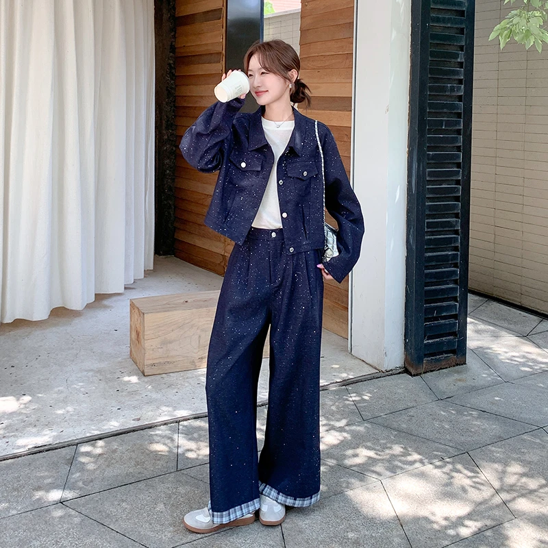 藏青色星空亮片时尚套装女2025秋季韩版格纹拼接外套阔腿裤两件套