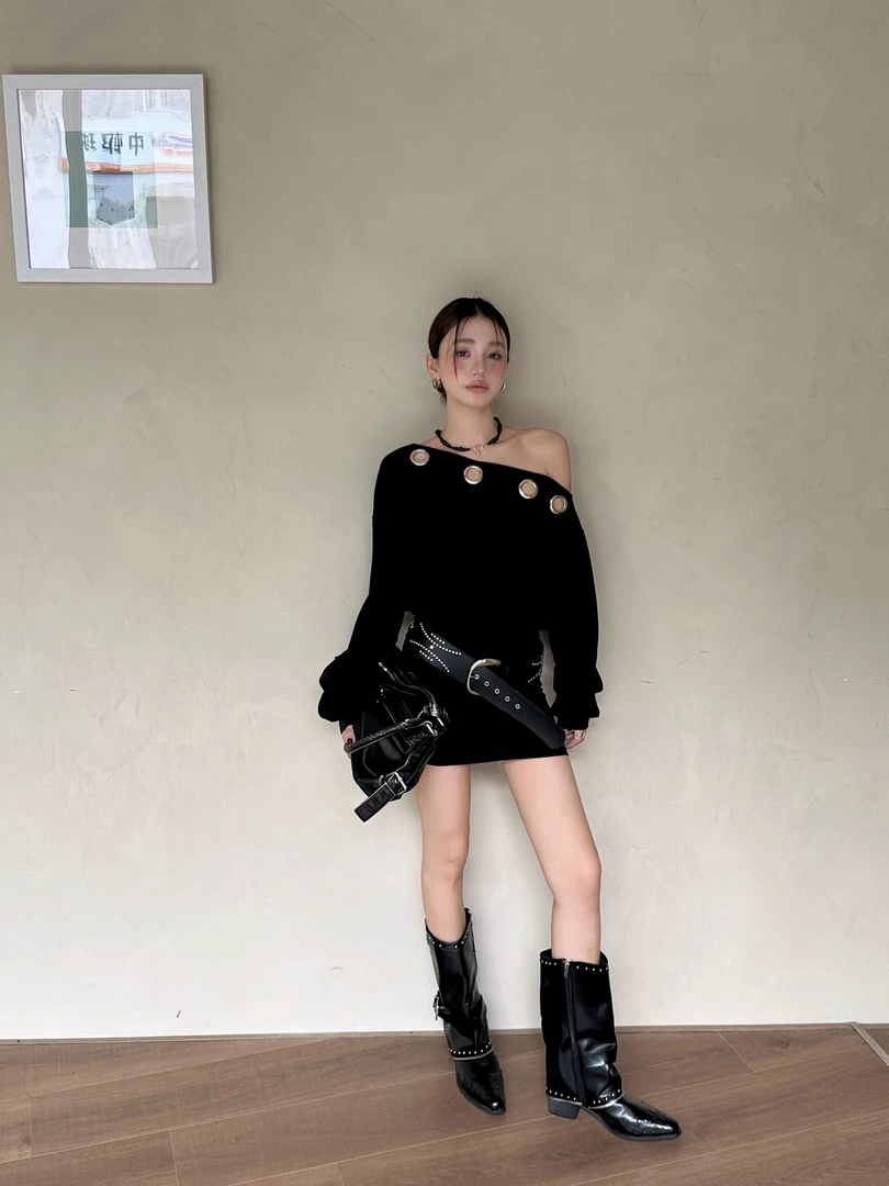 pinkmoon||秋新款设计感斜肩灰色连衣裙女纯欲辣妹性感一字肩包臀