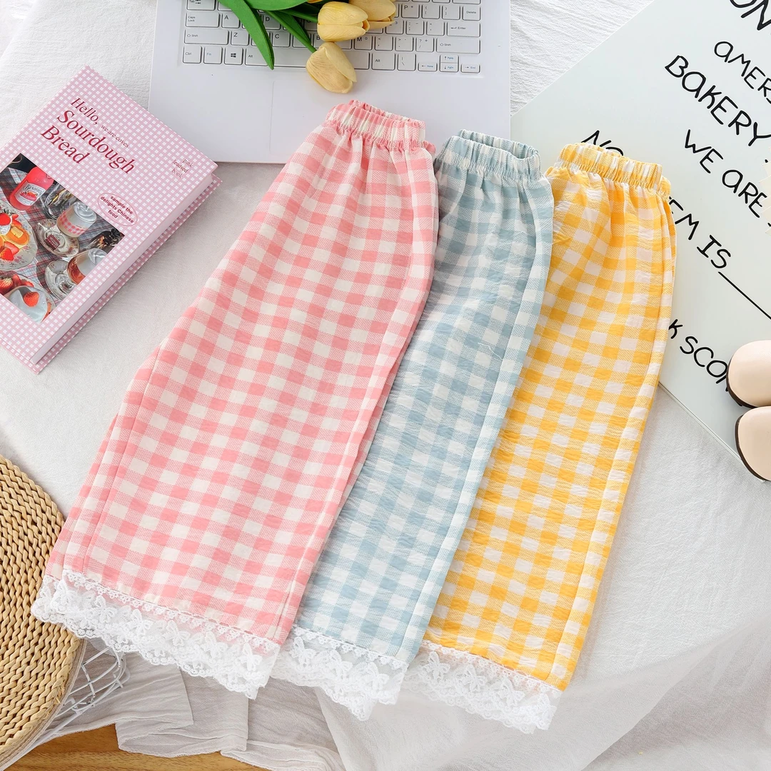 儿童夏季多巴胺色系花边格子裤中小童宽松透气薄款九分直筒防蚊裤