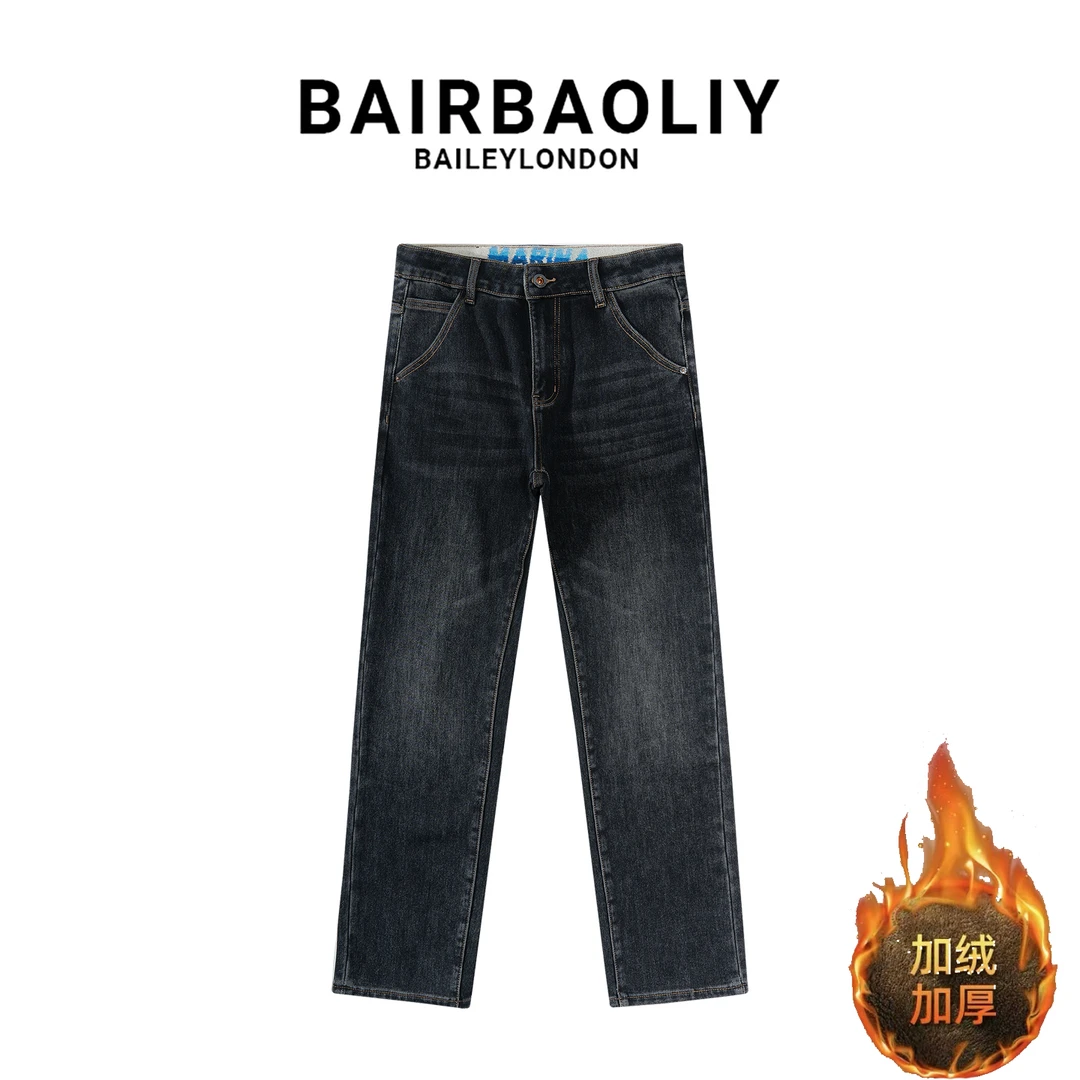 BAIRBOALIY美式复古直筒水洗牛仔裤秋冬男装潮流加绒加厚刺绣长裤