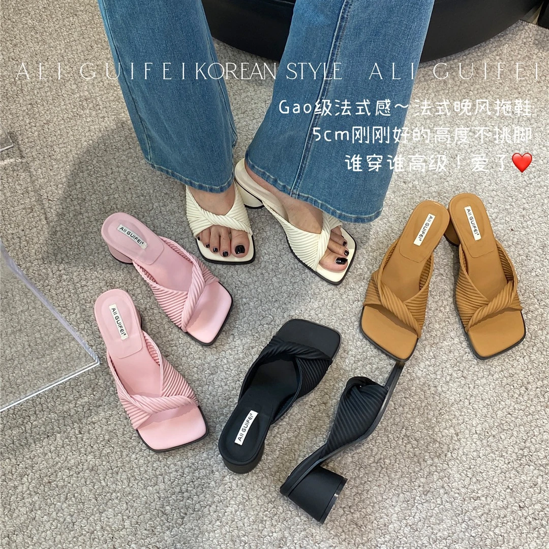 百搭粗跟凉拖鞋女2025夏季新款百搭扭结条纹带一字凉鞋拖鞋女外穿