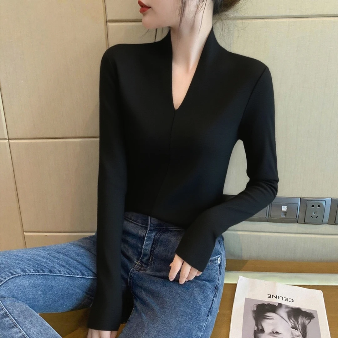 黑色螺纹V领长袖t恤打底衫女内搭早秋上衣时尚百搭修身高级感t恤