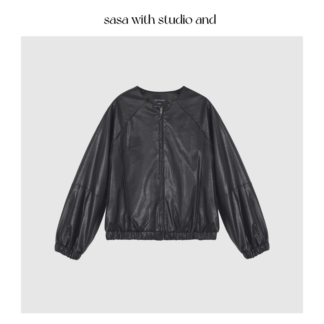 圆领通勤皮衣时尚长袖拼接设计气质上衣 25001