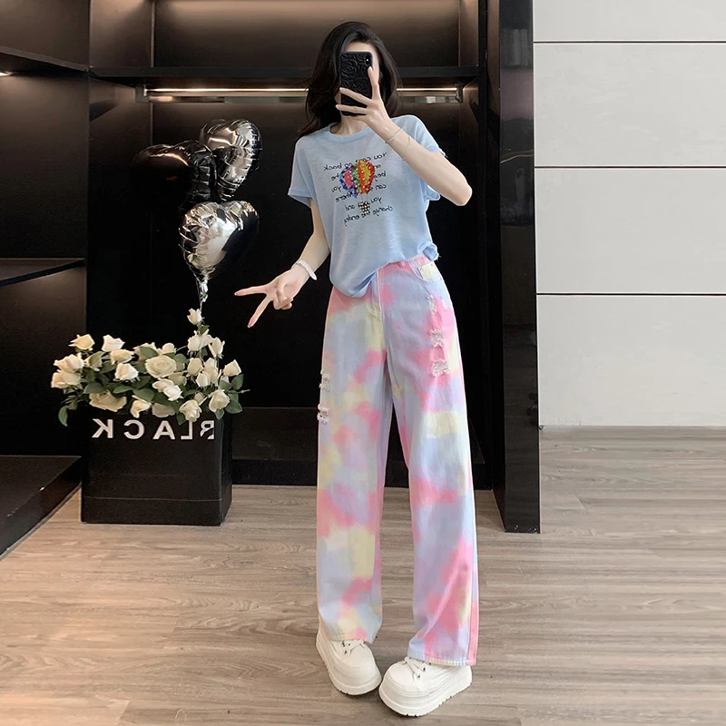 一整套ootd穿搭女夏洋气显瘦宽松短袖T恤衫阔腿破洞牛仔裤两件套