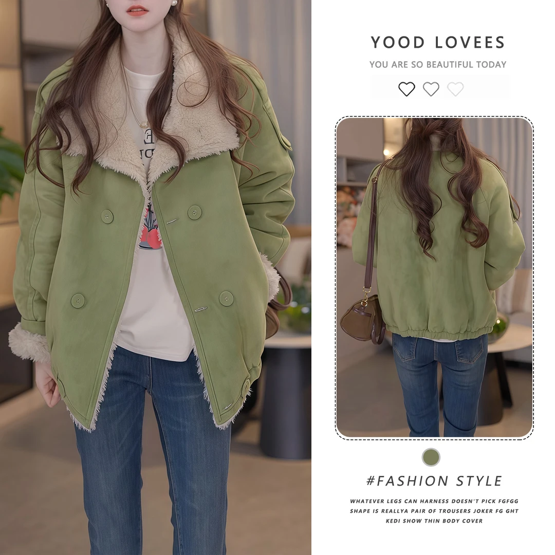 翻领韩系短款皮毛一体外套女2025秋冬季新款加厚毛毛机车保暖上衣