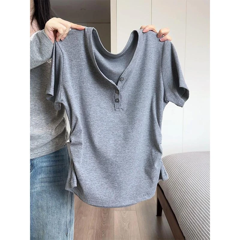 正品哥家同款大码灰色不规则v领正肩短袖t恤女夏胖mm收腰显瘦遮