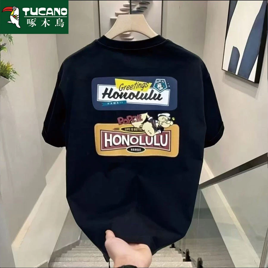 啄木鸟常规印花夏季短袖T恤直喷印花t恤潮流圆领时尚春夏轻奢