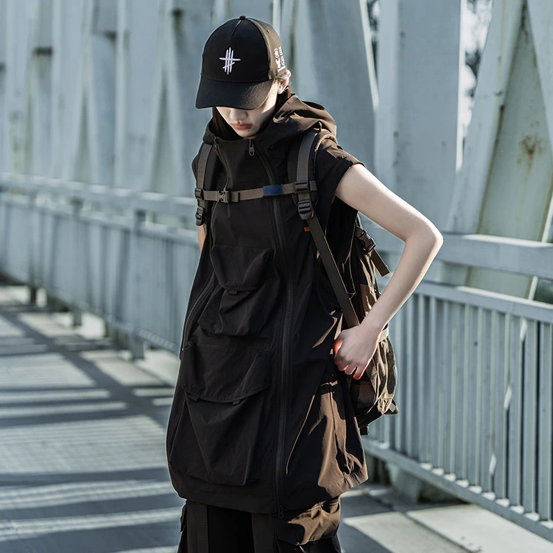 AOGZ可拆卸设计感短袖外套男女春夏新款多口袋斜拉链情侣冲锋夹克