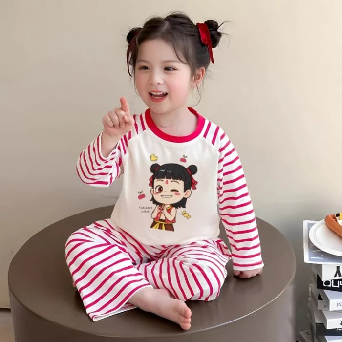 春秋季女童哪吒卡通长袖睡衣套装儿童牛奶丝薄款透气中大童家居服