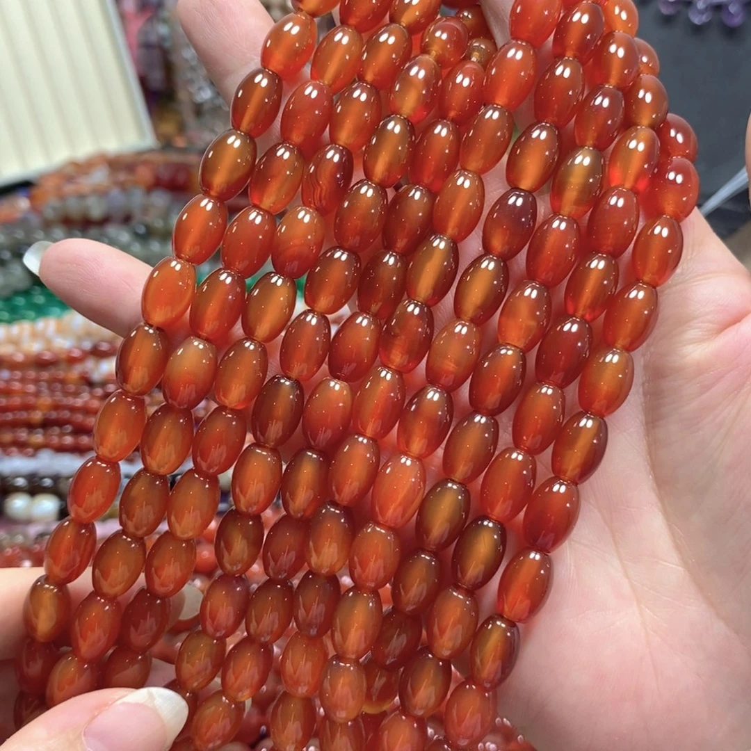 玛瑙/玉髓未镶嵌珠宝半成品红玛瑙米珠一条卡8*12mm