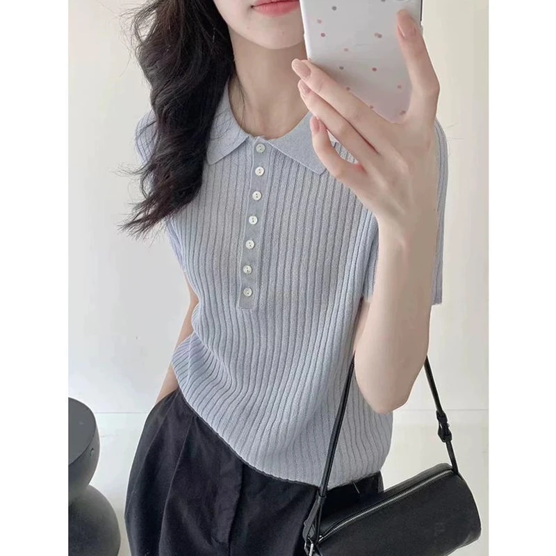 【海盐蓝polp衫】通勤简约竖坑条polo领短袖小衫女