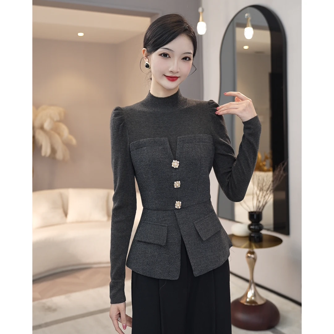 2025秋冬新款【7925】含绵羊毛拼接毛呢显瘦收腰灰色针织衫女