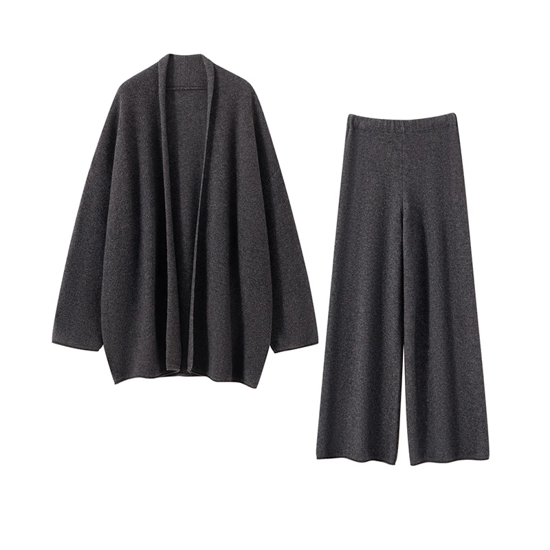 XZG8152 宽松中长款山羊绒毛巾绣无扣开衫+羊绒阔腿裤 两件套套装