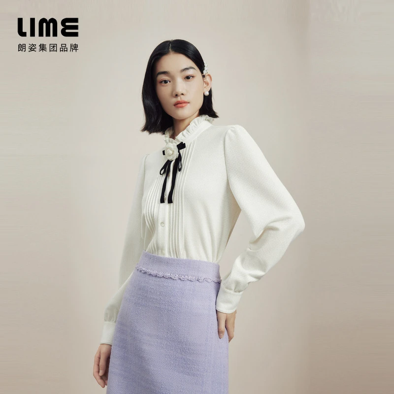 LIME/莱茵【巴黎梦境】冬季木耳边气质梭织衬衫米白色LMFD9BWBL004