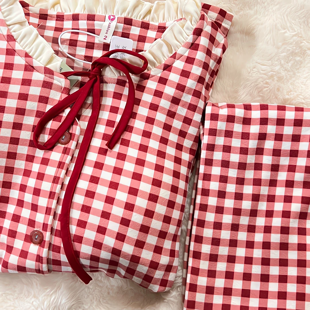 【红白格子】2024年德绒睡衣女可外穿长袖大码宽松开衫套装家居服