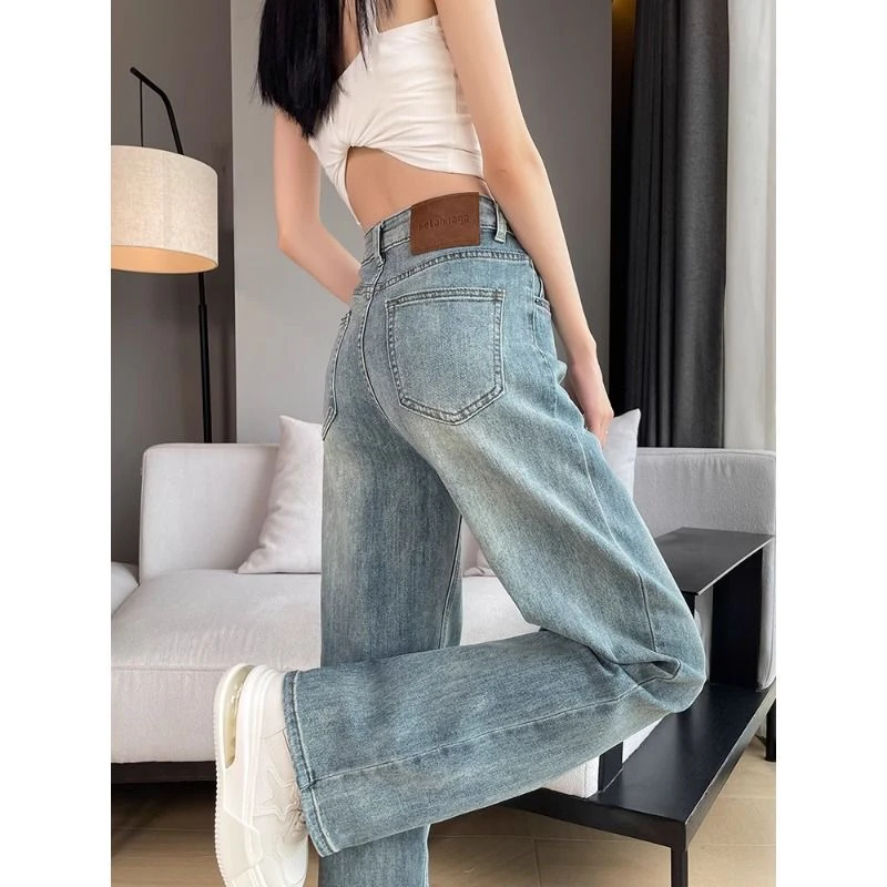 浅色弹力直筒牛仔裤女窄版高腰显瘦宽松小个子阔腿百搭长裤子