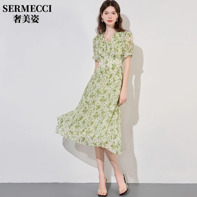 2025夏季新款V领连衣裙女装碎花时尚减龄高端法式小众设计感长裙