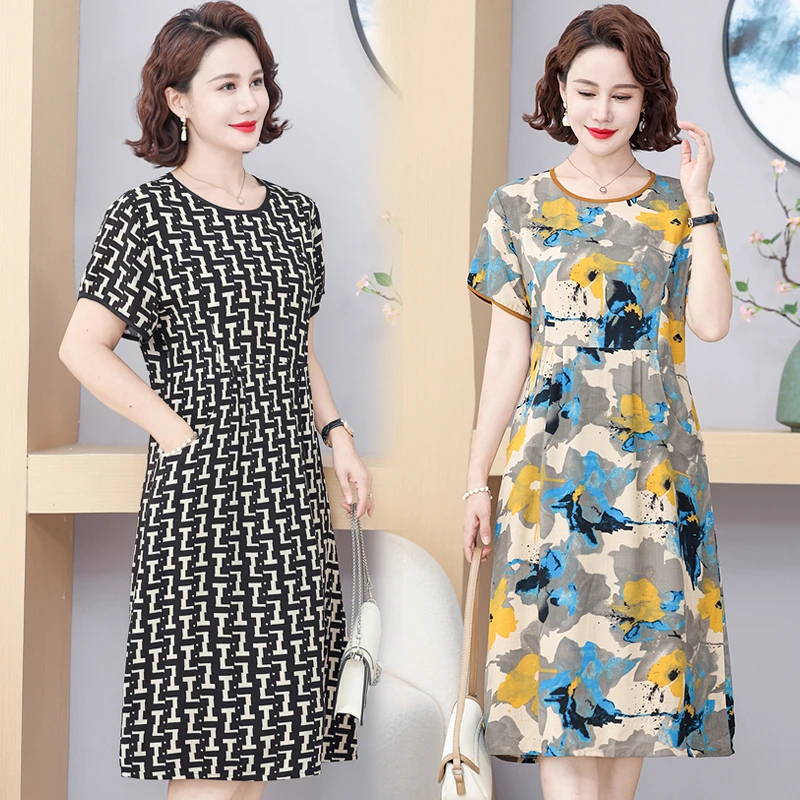 妈妈夏装大码宽松连衣裙有口袋2025新款洋气中老年女装印花长裙子