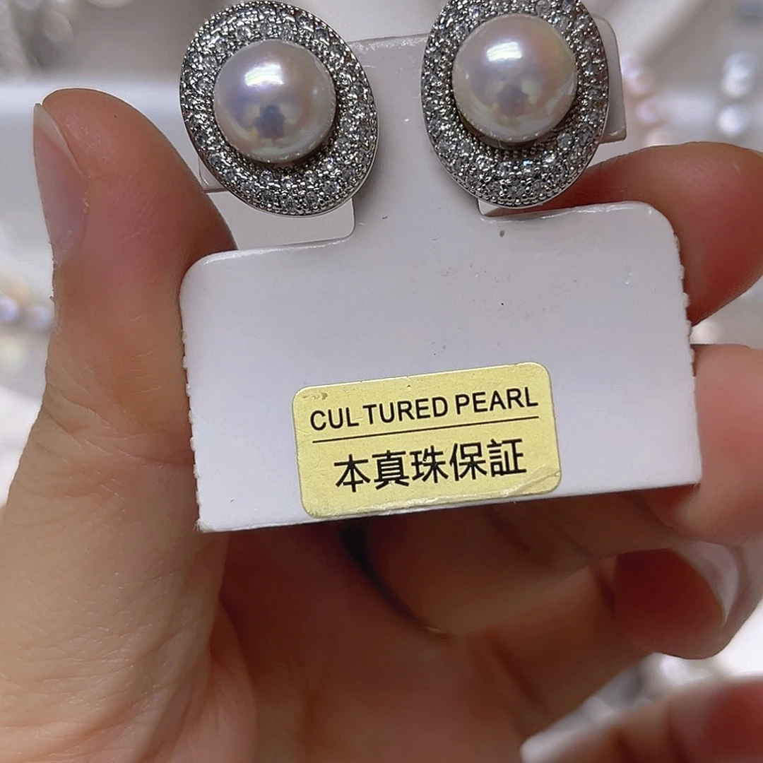 淡水珍珠银S925镶嵌吊坠耳钉