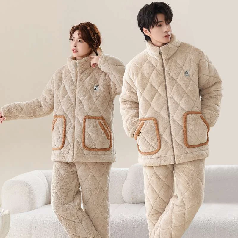 拉链情侣冬季睡衣男女同款法兰绒加厚保暖三层夹棉冬天家居服套装