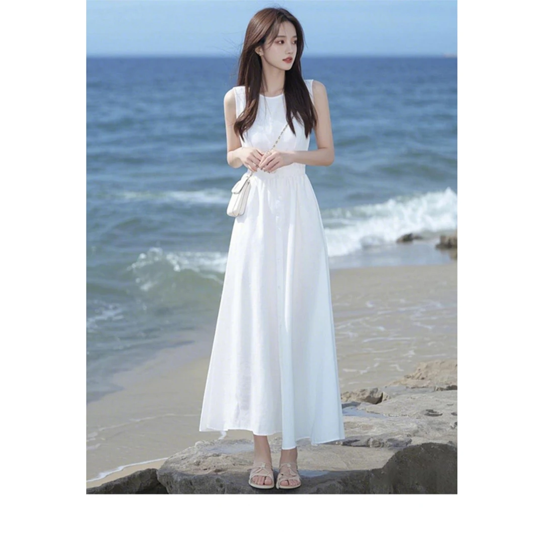白色聚酯优雅大方裙温柔气质女神范春夏连衣裙梭织款