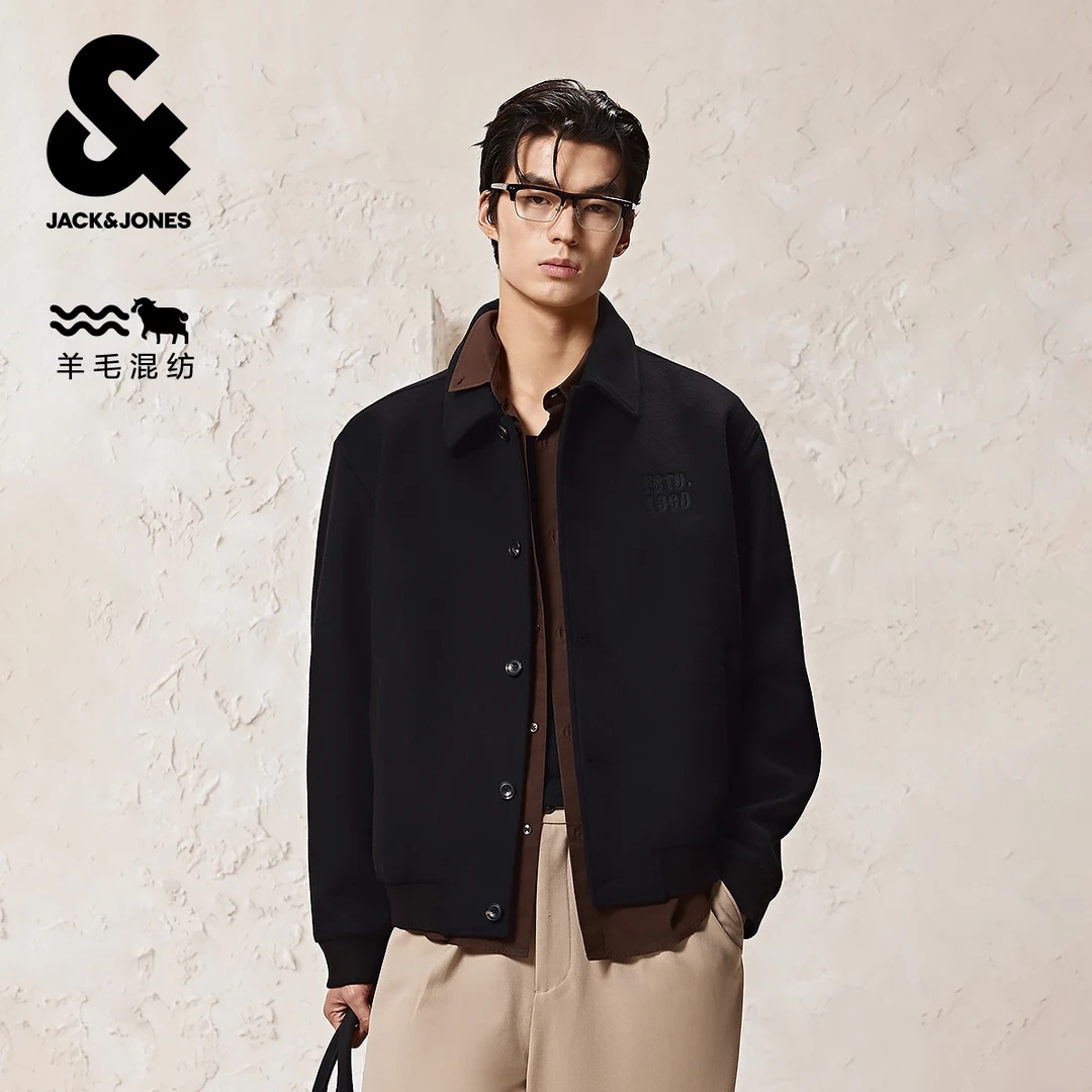 杰克琼斯冬新款男士翻领毛呢大衣高级感外套男装羊毛混纺商务时尚