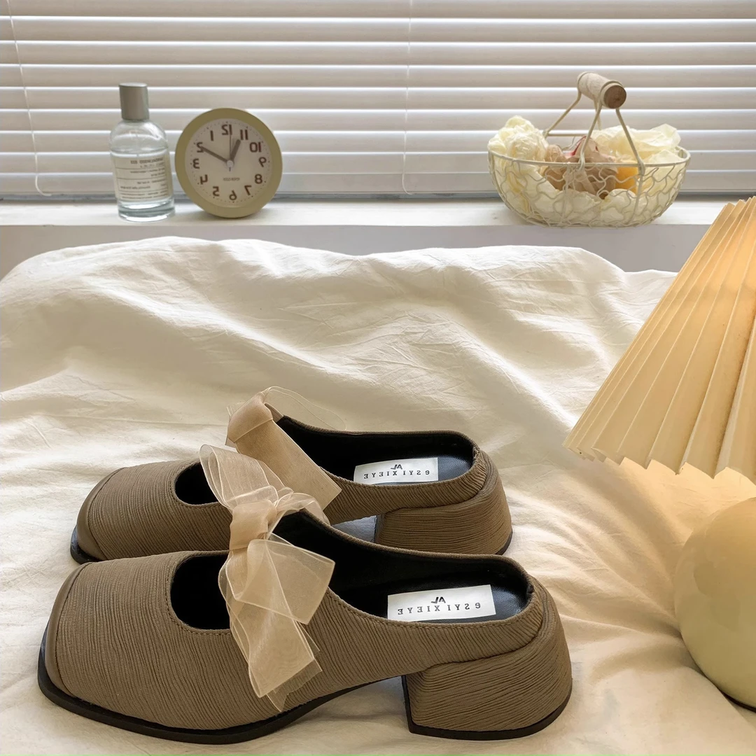 包头玛丽珍半拖鞋女2025春夏季新款气质百搭小个子粗跟外穿凉拖鞋