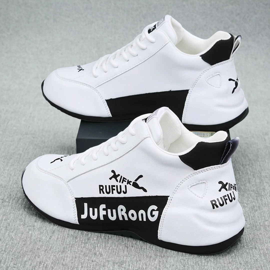 2025春款男鞋软底跑步鞋皮面加绒运动鞋增高老爹鞋拼色小白鞋