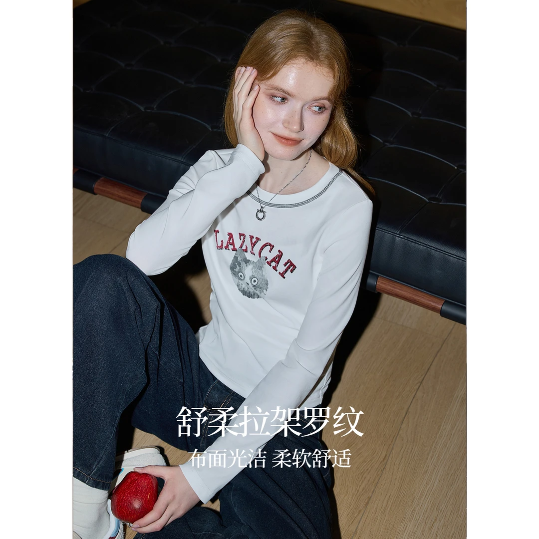 库恩玛维日系软萌猫猫印花长袖T恤女2025年早秋新款减龄短款上衣
