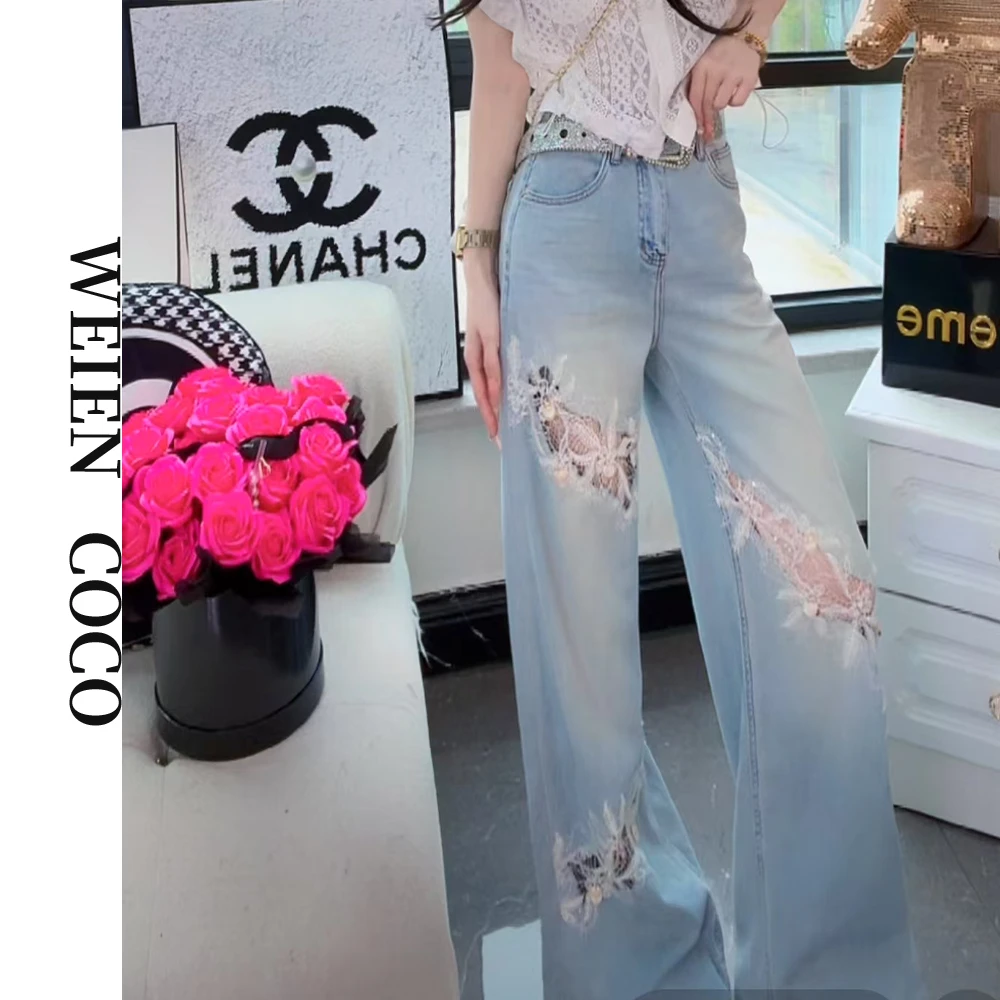 【薇恩COCO】高腰时尚休闲破洞牛仔裤设计师直筒春季修身新款K4321