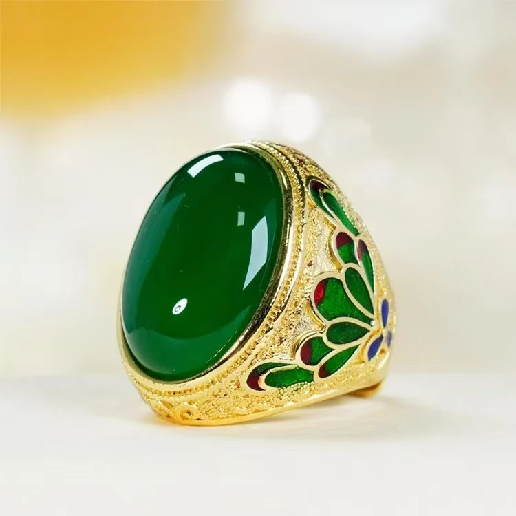 【男戒指】景泰蓝玉美人-正品保障天然玉石-合金奢华男戒-玉髓戒指