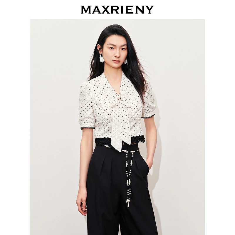 【黑白优雅主义-商场同款】MAXRIENY复古泡泡袖风情衬衫截短上衣