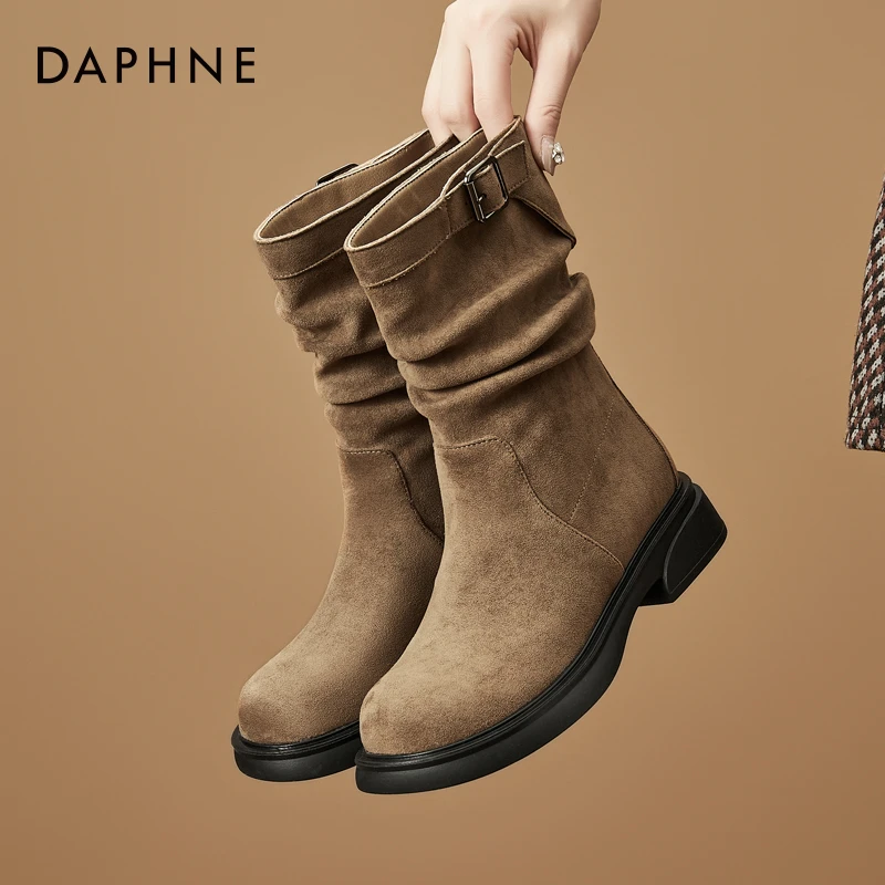 达芙妮品牌正品牛仔靴厚底褶皱马丁靴2025秋季短靴慵懒风复古女靴