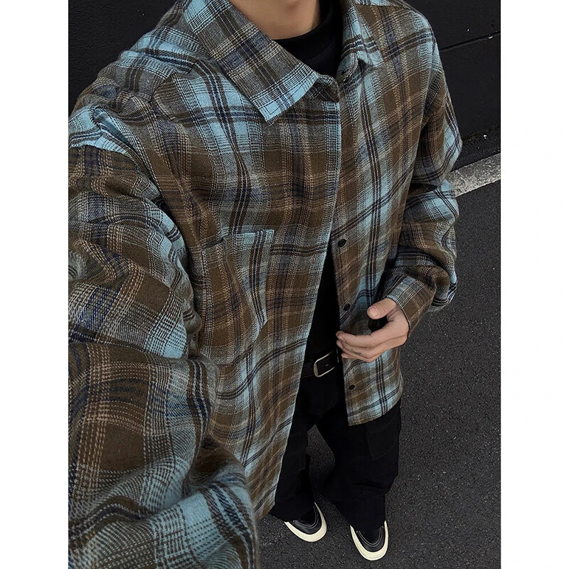 美式复古vintage格子衬衫男春秋季单穿叠穿韩版长袖衬衣休闲外套