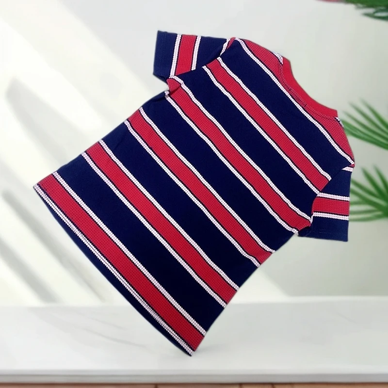 圆领藏青红条纹拼接短袖T恤-果梓2225