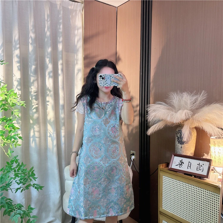 【宋韵 奥黛 】新中式宋锦气质立领斜襟老料无袖奥黛连衣裙女