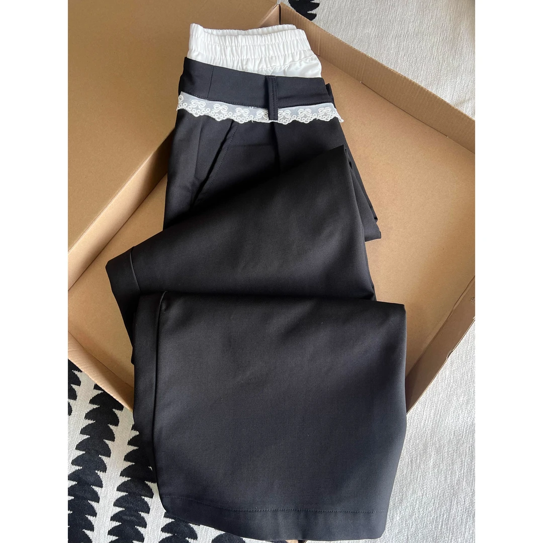 黑色蕾丝边拼接休闲裤女春夏2025新款复古百搭高腰直筒休闲长裤子